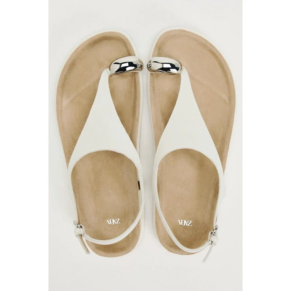 Zara Flat Leather Sandals with Metallic Bead - White EUR 39 US 8 - NWOT - Picture 2 of 16